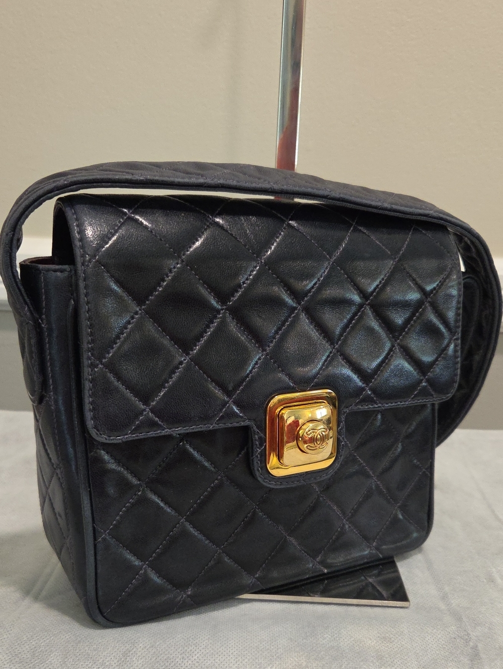 Chanel Navy Quilted Lambskin Leather Shoulder Bag with Gold Hardware